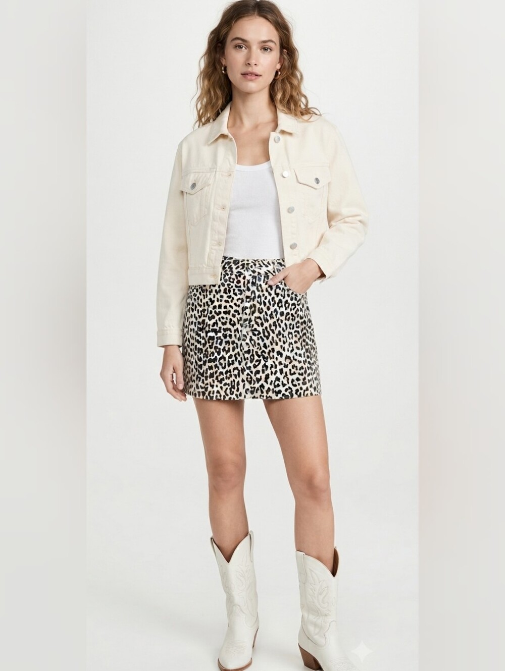 Pistola Sierra High Rise Denim Mini Skirt Snow Leopard Print White XS
